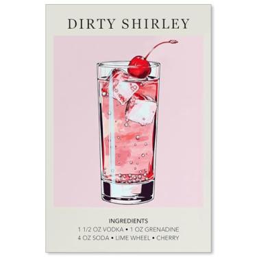 Imagem de Pôster de bebida de coquetel rosa Dirty Shirley em tela aquarela arte de parede impressões de receitas de álcool carrinho de bar decoração de parede presentes para namorada 40,6 x 61 cm sem moldura