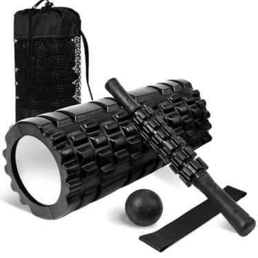 Imagem de Rolo Massagem Liberação Miofascial, Kit Rolo de Liberação Miofascial, 4 em 1, Foam Roller com Bastão/Rolinho, Faixa de Alongamento, Bola de Massagem, Sacola de Transporte, Faixa Auxiliar elástica
