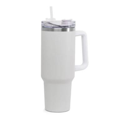Imagem de Copo Térmico com Alça, Branco, Aço Inoxidável, Tampa com Canudo, 1,2ml, Isolamento Dupla Parede