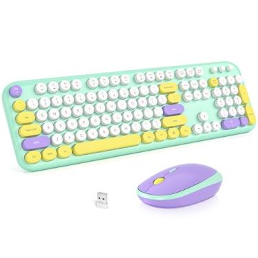 Imagem de Combo de teclado e mouse sem fio, teclado de computador redondo retrô MOWUX para máquina de escrever, lindo mouse óptico sem fio, Plug and Play, para laptop, PC, computador - Daydream Mint