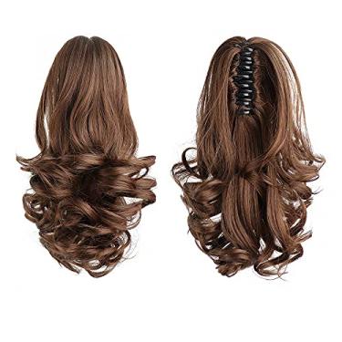 Imagem de Extensão de rabo de cavalo, extensões de cabelo marrom HSPJHTM, garra de extensão de rabo de cavalo para mulheres, cabelo cacheado, 30,5 cm, extensões de cabelo sintético de rabo de cavalo muito curto e volumoso, ondulado, castanho médio