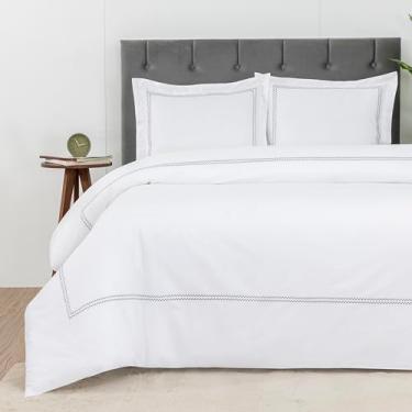 Imagem de Dreamology Capa de edredom branca de luxo de qualidade hoteleira 100% algodão cetim T300 bordado capa de edredom com 2 fronhas hipoalergênico fecho de botão 3 peças