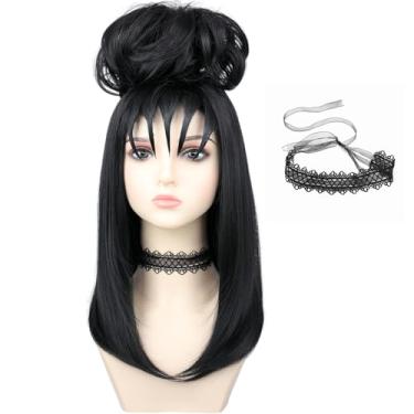 Imagem de morvally Peruca de noiva com besouro preto de 40,6 cm com coque e gargantilha para mulheres, peruca preta com franja para cosplay de bruxa gótica Halloween (cabelo de comprimento médio)