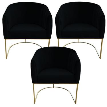 Imagem de Kit 03 Poltrona Julia Com Base De Ferro Sala De Estar Escritório Recepção Clinica Suede Preto D'classe Decor