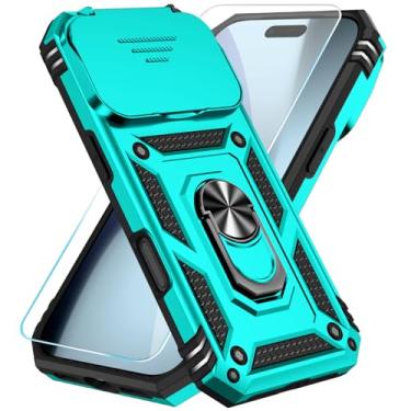 Imagem de SunStory Capa de telefone para telefone 17 Pro com protetor de tela HD e capa de câmera deslizante e suporte de anel girado, [grau militar] capa de telefone para telefone 17 Pro (azul-petróleo