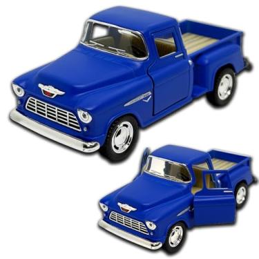 Imagem de Miniatura de carro Chevrolet Stepside 1955 em Metal, com fricção, pneus em borracha, abertura de portas laterais, 12 CM, 1/32, Resistente a quedas (Azul royal fosco)