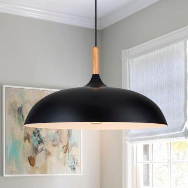 Imagem de Lingkai Luzes pendentes pretas ilha de cozinha, 45 cm Farmhouse grande luminária pendente luminária de teto regulável para sala de jantar quarto entrada (madeira)