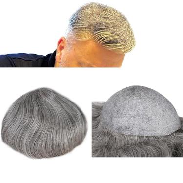 Imagem de Peruca masculina de cabelo humano de pele fina marrom escuro misto 60% cinza