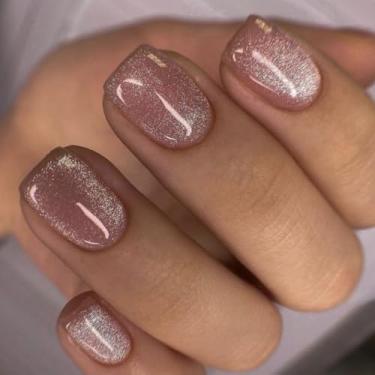 Imagem de SXVME 30 peças de unhas curtas quadradas curtas com glitter – unhas postiças curtas fortes, cola de gel macio nas unhas com acabamento esmaltado, bastão brilhante na unha para férias femininas, rosa