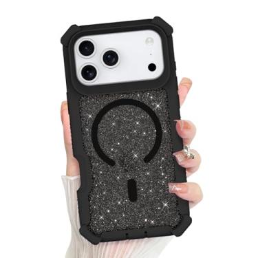 Imagem de Bonoma Capa Pro 2025, traseira brilhante com glitter, suporte magnético para capa à prova de choque MagSafe, proteção de alta qualidade de cristal e canto para meninas e mulheres - preta