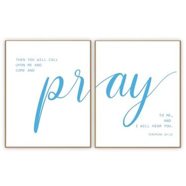 Imagem de zaxek Impressões de parede inspiradoras, decoração de arte de parede com versículo bíblico azul, pôster cristão, pinturas cristãs azuis para aniversários, formaturas, inaugurações de casa - Pray to Me