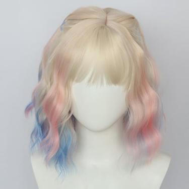 Imagem de YYUISD Perucas loiras Curtas Curtas com Cabelo Rosa Azul Moderno Halloween Anime Cosplay Peruca Lateral