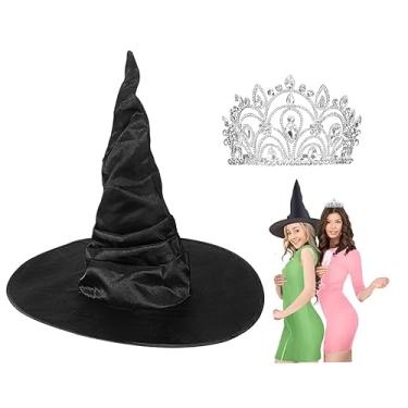 Imagem de Yearntown Conjunto de chapéu de bruxa e coroa de princesa, acessórios de cosplay de Halloween, coroa de rainha e chapéus de feiticeiro preto, para lembrancinhas de festa de aniversário e fantasia de