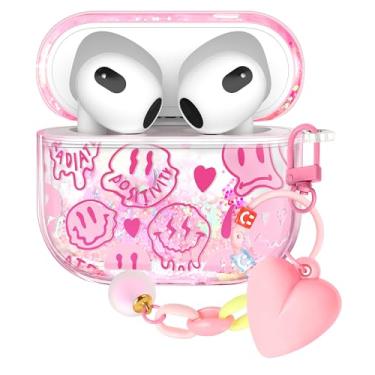 Imagem de Kokaaee Para Airpods 3ª Geração Capa Feminina Bonito Funda Capa Kawaii Meninas Estuche Protetor Chaveiro Y2K Feminino Glitter Líquido Brilhante Divertido Rosa Design de Rosto Sorridente para Apple Air Pod Gen 3 Capas