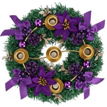 Imagem de Knitgrip Guirlanda de Natal do Advento de 35,5 cm, 5 castiçais, fita de Natal, decoração de mesa de centro de mesa com taças de anel de metal dourado, laço de ouro, pinhas, flor para igreja de Natal