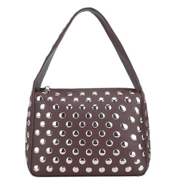 Imagem de JQAliMOVV Bolsa de ombro feminina Y2K preta bolsa punk outono bolsa de couro bolsa de mão, Café, Small