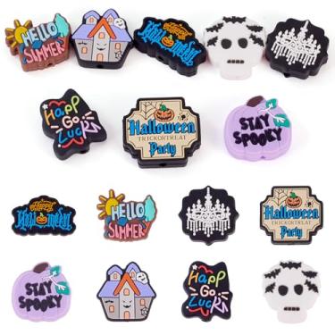 Imagem de Beadthoven 8 peças de contas focais de silicone de Halloween para canetas, contas de silicone com cabeça de caveira de abóbora, roxo, preto, branco, espaçadores de borracha para chaveiros, pulseiras
