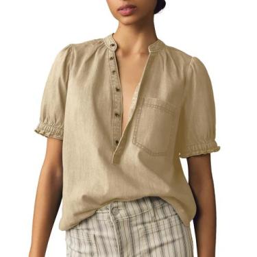 Imagem de Camisa feminina Locachy com meio botão, gola simulada, jeans cáqui