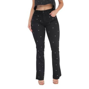 Imagem de Calça Feminina Flare Jeans Preto com pontos de Strass - Pthirillo, 40,