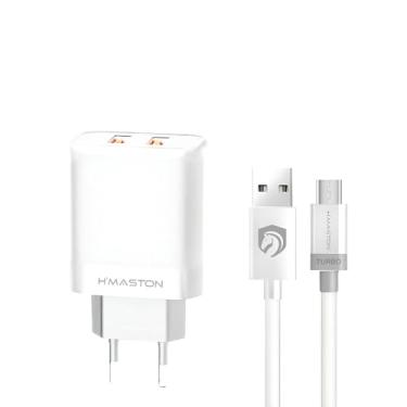 Imagem de H'MASTON Carregador 2 Portas Usb 5.1A Rápido Com Cabo 1 Metro Compatível Com Celular Android iPhone Samsung (BRANCO, V8)