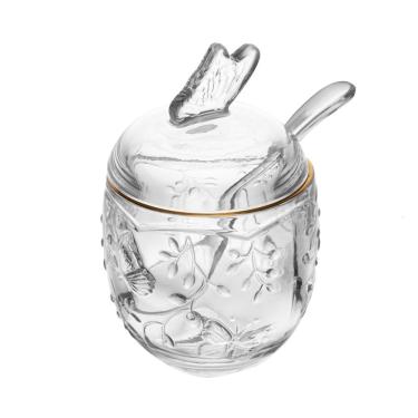 Imagem de Açucareiro de Cristal C/Colher Plástica New Butterfly Transparente C/Fio de Ouro 13x9cm Lyor
