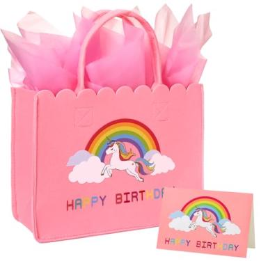 Imagem de Crisky Bolsas grandes de aniversário de unicórnio para meninas com cartão de aniversário de unicórnio, sacolas de feltro reutilizáveis, sacolas de presente para 4, 5, 6, 7, 8, 9 e 10 anos, ideias de