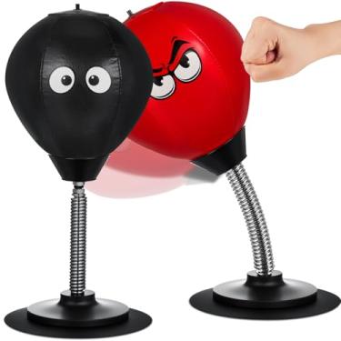 Imagem de Honoson 2 sacos de pancada de mesa com ventosa, saco de boxe para alívio de estresse, bola de pancada divertida para chefe colega de trabalho mesa de escritório (expressão, preto, vermelho)