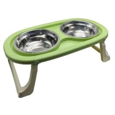 Imagem de Comedouro Duplo Tigela Inox Elevado Dobrável Antiformiga 300ml Para Pets(Verde)