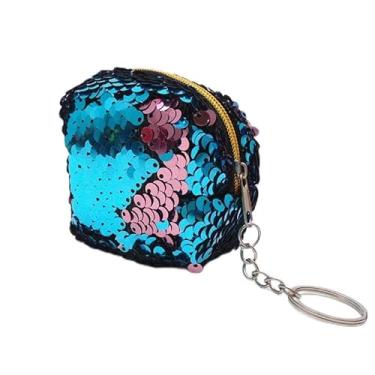 Imagem de Bolsa feminina de lantejoulas com chaveiro, minimochila brilhante, porta-chaves, bolsa quadrada para trocar 7,6 cm, Azul claro