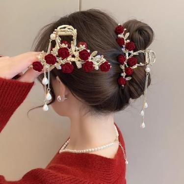 Imagem de Grampos de cabelo rosa grandes - Grampos de cabelo de flor de metal com borla para mulheres (cabelo encaracolado fino e grosso)