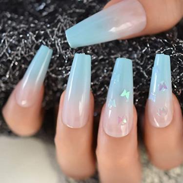 Imagem de Pregos longos de caixão prensado em pregos brilhantes azuis gradientes franceses falsos capa completa borboleta unhas postiças kit 24 pçs/conjunto