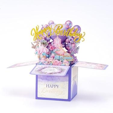 Imagem de Cartão de aniversário, caixa de presente de aniversário 3D divertida e doce com envelopes, cartões de celebração dobráveis exclusivos feitos à mão para adultos, filha, filho, mãe, pai, amigo (roxo
