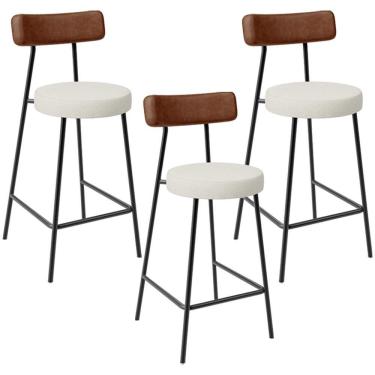 Imagem de Kit 03 Banquetas Baixa Cozinha Sala Jantar Milão L02 Couríssimo Marrom Linho Champagne