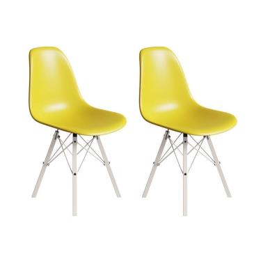 Imagem de Conjunto 2 Cadeiras Eames Estilo Moderno Em Ferro Branco Com Assento Amarelo