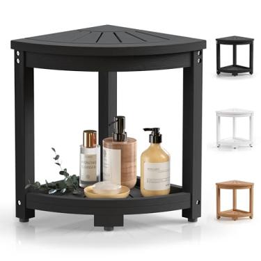 Imagem de BEKVEM Banco de chuveiro de canto para chuveiro interno, cadeira de banco de chuveiro impermeável HIPS, banco de banho de plástico para depilar as pernas, descanso para os pés com prateleira de