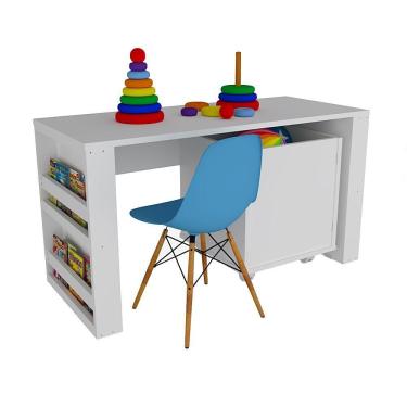 Imagem de Rack Com Baú Porta Carrinhos E Livreiro Caleb + Cadeira Eiffel Azul 100% Mdf