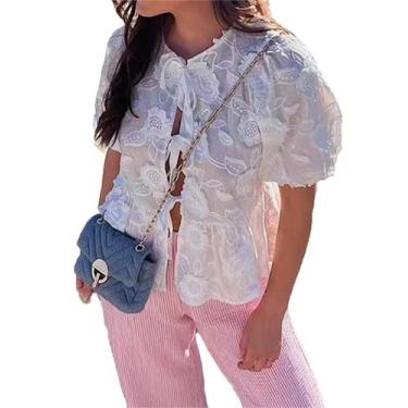 Imagem de Blusa Brewee feminina de verão 2024 com renda oca e decote em V