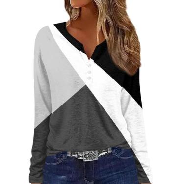 Imagem de Camisa de manga comprida Top Causal Fall com decote em V plus size pre