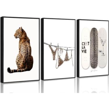 Imagem de 3 peças de arte de parede em tela com estampa de leopardo, elegante, feminino, pôster estético com estampa de guepardo, moderno, moderno, skate, decoração de parede para quarto, apartamento