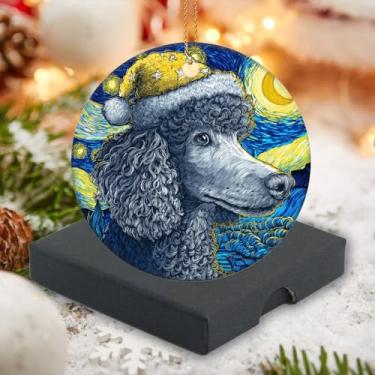 Imagem de Enfeite de Natal 2025, enfeite de cerâmica, decorações de animais fofos, estilo noite estrelada, poodle, usando chapéu de Natal, presente de lembrança para árvore de Natal 7,6 cm