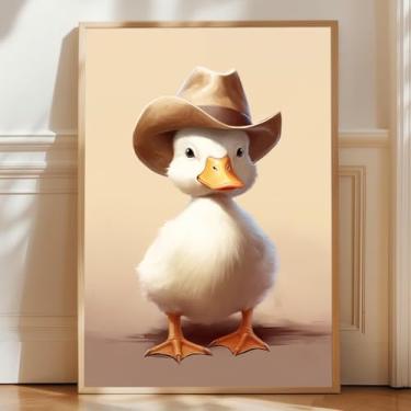 Imagem de Arte de parede de pato de fazenda, pôster de animais caubói, tela de patos de fazenda, imagens de animais ocidentais, retrato de patinho, pôsteres fofos, imagem ocidental, estampa de caubói, decoração