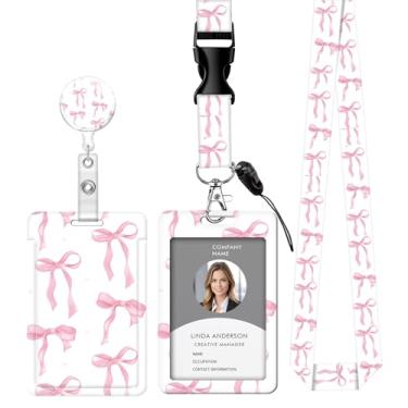 Imagem de Cordão retrátil para crachá de identificação com clipe e chaveiro, ajustável, bonito carretel de separação, durável, perfeito para mulheres enfermeiras, professoras, trabalhadoras de escritório (laço