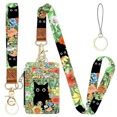 Imagem de Porta-crachá de identificação 2 em 1 com gato escondido entre as flores e carteira com cordão para professores, enfermeiras, profissionais - linda bolsa de moedas com zíper, alça de pulso removível e