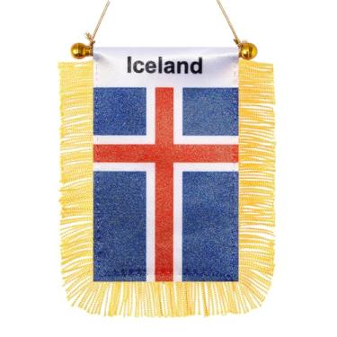 Imagem de JBSJBS Bandeira pendurada da Islândia mini bandeiras de janela de carro islandês pequenas bandeiras de espelho retrovisor decoração bandeiras da Islândia com ventosa franjas douradas dupla face 7,6 x