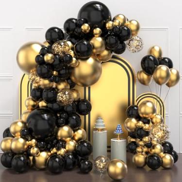 Imagem de Myafqsj Kit de arco de balão preto e dourado, 129 peças de balões pretos e dourados com 4 tamanhos para decorações de aniversário, formatura, festa de aniversário de ano novo