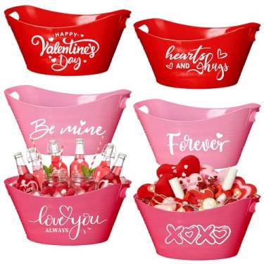 Imagem de Teenyyou 6 peças de balde de gelo de plástico vermelho rosa para o dia dos namorados, refrigerador, 4,5 l, cesta oval de armazenamento, banheira com alças, cesta de presente para casamento, esportes