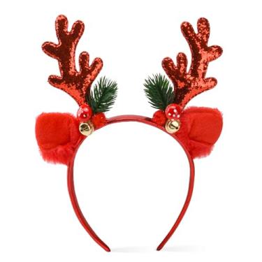 Imagem de Ychelhr Faixas de cabelo de Natal, chifres de alce com glitter, lindas faixas de cabelo de Natal, presente de festa de Natal para meninas e mulheres (vermelho)