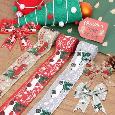 Imagem de 3 rolos de fita para decoração de árvore de Natal de 190 x 4 cm, fitas coloridas de enfeite de árvore de Natal para arco de guirlanda, artesanato, fita de buquê de poliéster de tecido para embrulho de