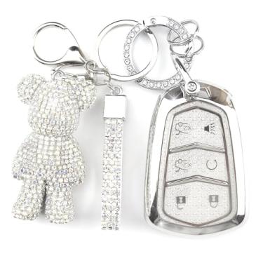 Imagem de Rayslesan Linda capa de chaveiro com pingente de urso de strass, capa inteligente de TPU brilhante para mulheres, compatível com Cadillac Escalade 2015-2020, Escalade ESV 2015-2020 (6 botões, prata)