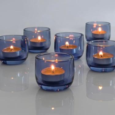 Imagem de Gurfuy Conjunto de 6 castiçais de vidro Tealight - Castiçais votivos para festivais de casamento, festas de fim de ano, mesa de centro de mesa, decoração de prateleira, outono, decoração de casa, azul